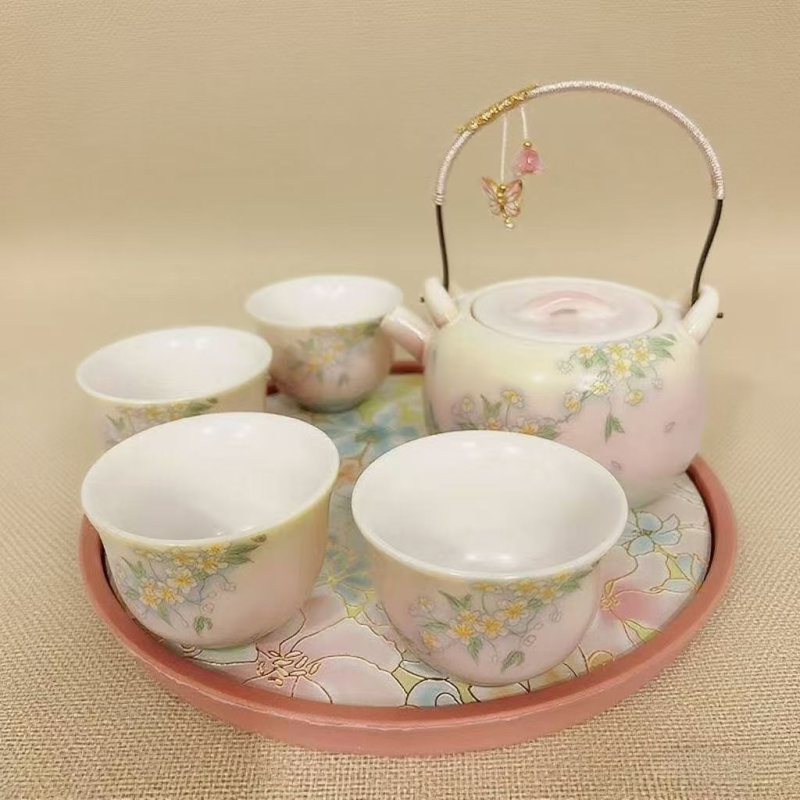 Set din porțelan ceainic și cești cu gradient jadeit, mâner floral verde-liliac