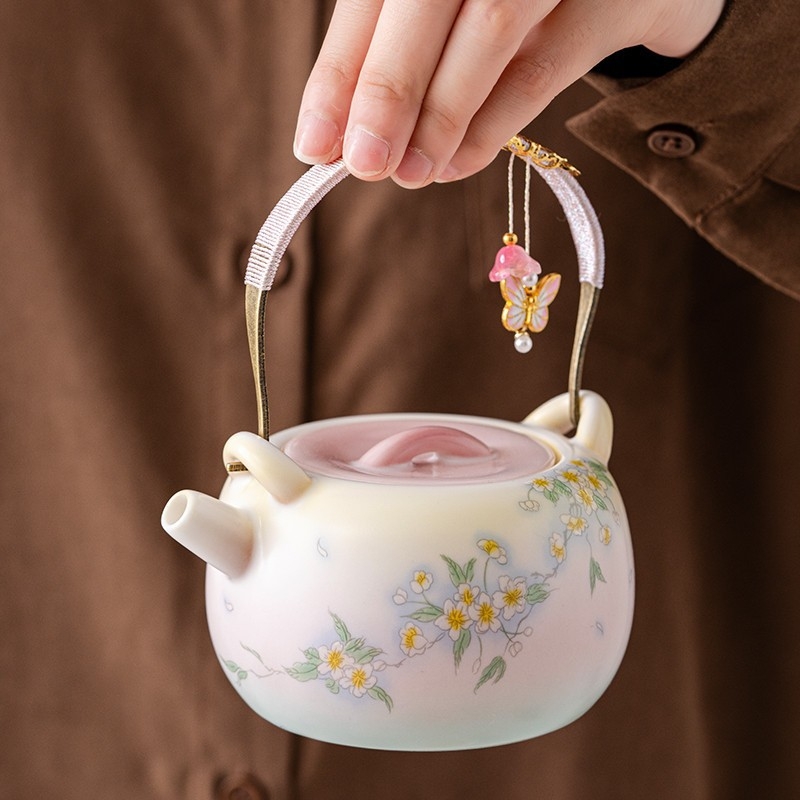 Set din porțelan ceainic și cești cu gradient jadeit, mâner floral verde-liliac