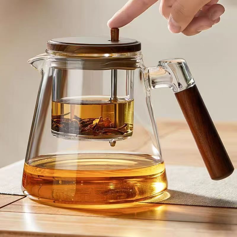 Ceainic din sticlă rezistentă la temperatură, elegant, cu separare ceai-apă la un singur clic – set de ceai pentru casă