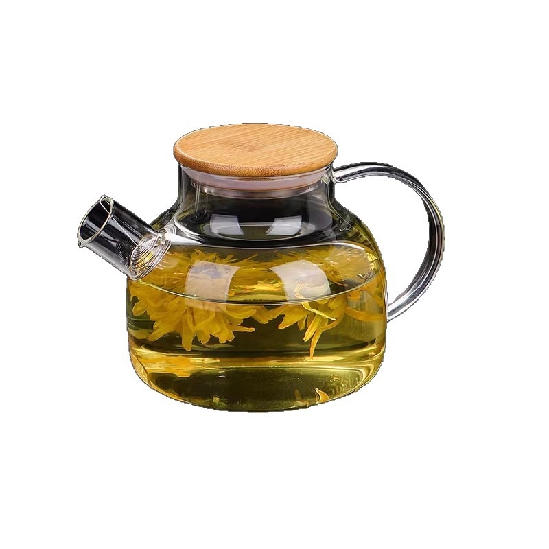 Ceainic din sticlă borosilică cu capac din bambus pentru ceai de flori, diametru mare, rezistent la temperaturi ridicate.