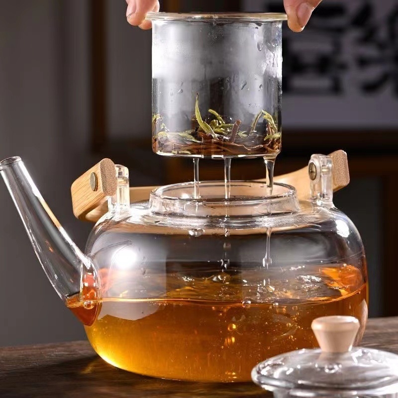 Ceainic din sticlă borosilicată, cu mâner din bambus, a patra generație, set de căni