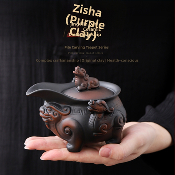 Ceainic din lut mov, sculptat manual, capacitate mare, set Gongfu din ceramică, protecție împotriva arsurilor