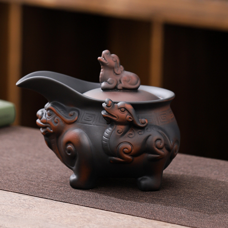 Ceainic din lut mov, sculptat manual, capacitate mare, set Gongfu din ceramică, protecție împotriva arsurilor