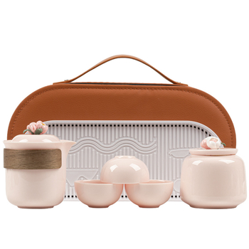 Set de ceai ceramic de călătorie, portabil, roz cu decor floral, ceainic cu protecție împotriva arsurilor și cești