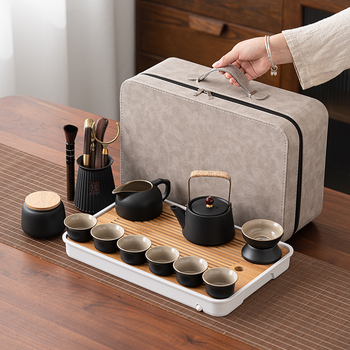 Set de ceai portabil în stil japonez, cu tavă pentru ceai, ceainic din ceramică neagră și cești