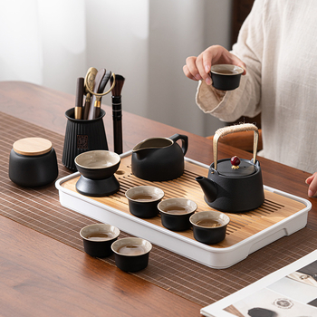 Set de ceai portabil în stil japonez, cu tavă pentru ceai, ceainic din ceramică neagră și cești