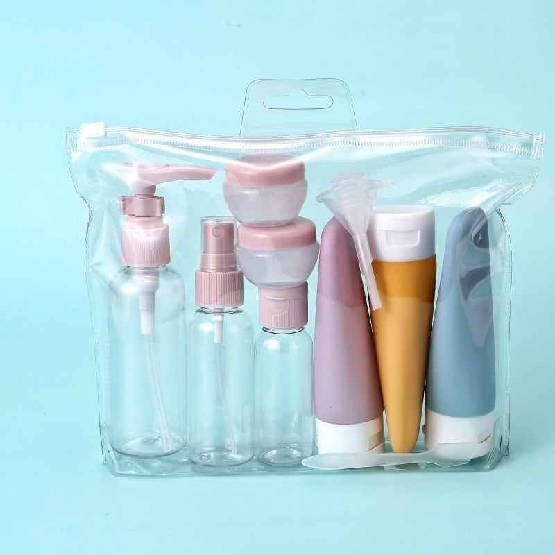 11-dijelni putni set ponovno napunljivih bočica za šampon, gel za tuširanje, losion i sprej