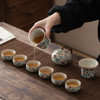 Set Gongfu de ceai din ceramică în stil Ru kilnu, cu motiv de ramuri, set complet pentru ceremonia de ceai chinezesc acasă, cadou potrivit