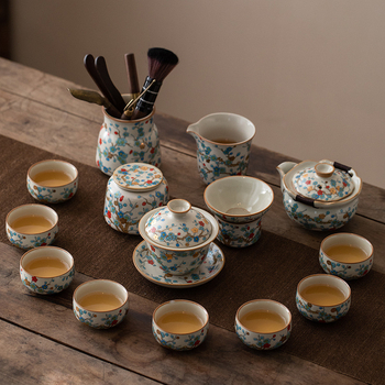 Set Gongfu de ceai din ceramică în stil Ru kilnu, cu motiv de ramuri, set complet pentru ceremonia de ceai chinezesc acasă, cadou potrivit