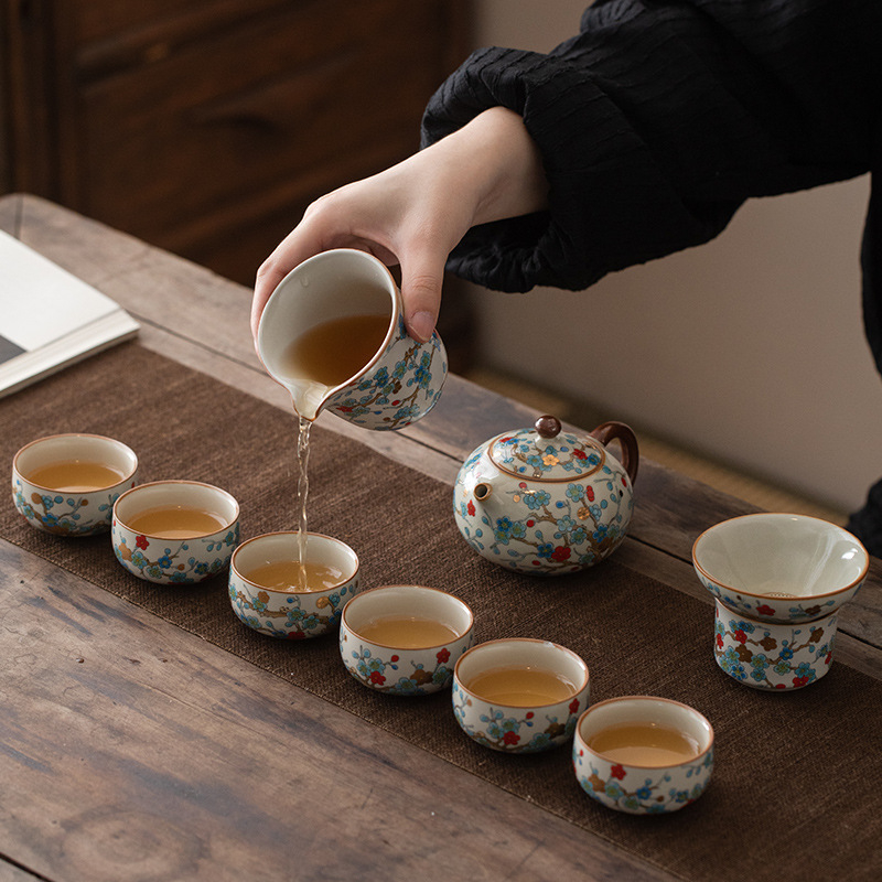 Set Gongfu de ceai din ceramică în stil Ru kilnu, cu motiv de ramuri, set complet pentru ceremonia de ceai chinezesc acasă, cadou potrivit