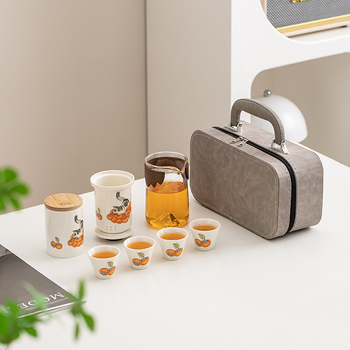 Orange Cat set de ceai pentru călătorii — ceainic ceramic și ceașcă, portabil