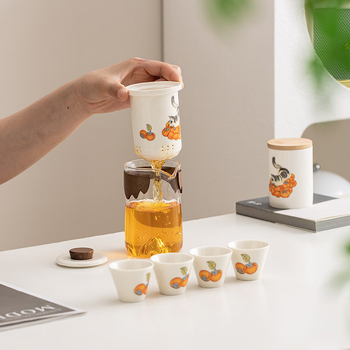 Orange Cat set de ceai pentru călătorii — ceainic ceramic și ceașcă, portabil