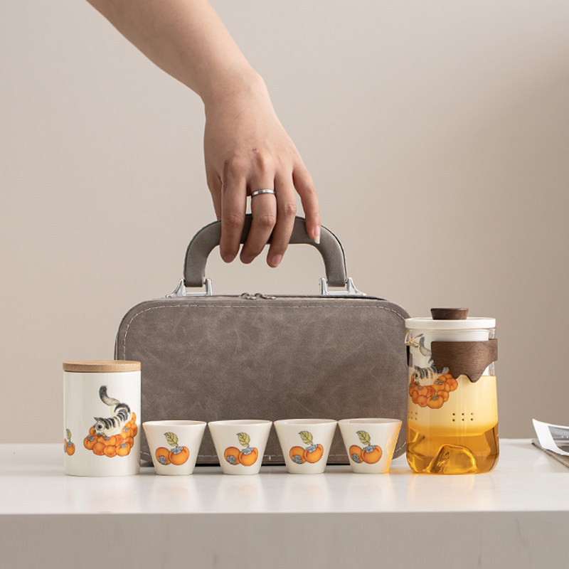 Orange Cat set de ceai pentru călătorii — ceainic ceramic și ceașcă, portabil