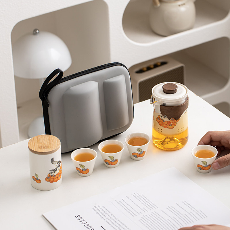 Orange Cat set de ceai pentru călătorii — ceainic ceramic și ceașcă, portabil