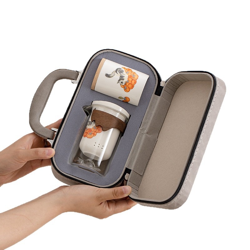 Orange Cat set de ceai pentru călătorii — ceainic ceramic și ceașcă, portabil