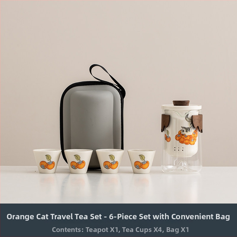Orange Cat set de ceai pentru călătorii — ceainic ceramic și ceașcă, portabil