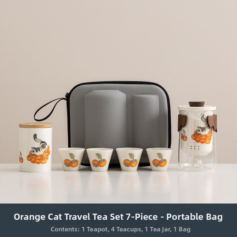 Orange Cat set de ceai pentru călătorii — ceainic ceramic și ceașcă, portabil