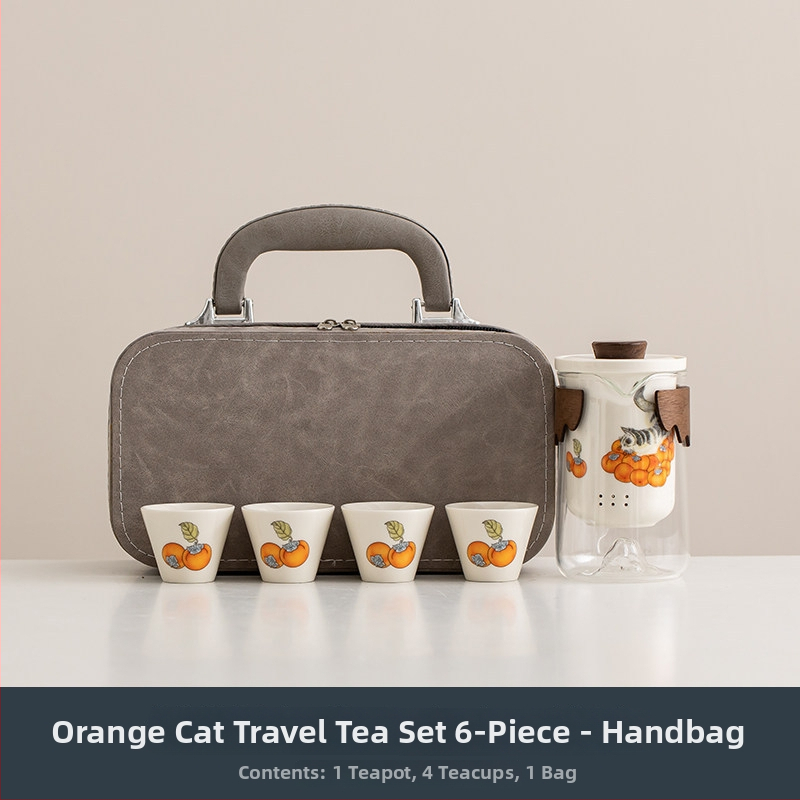 Orange Cat set de ceai pentru călătorii — ceainic ceramic și ceașcă, portabil