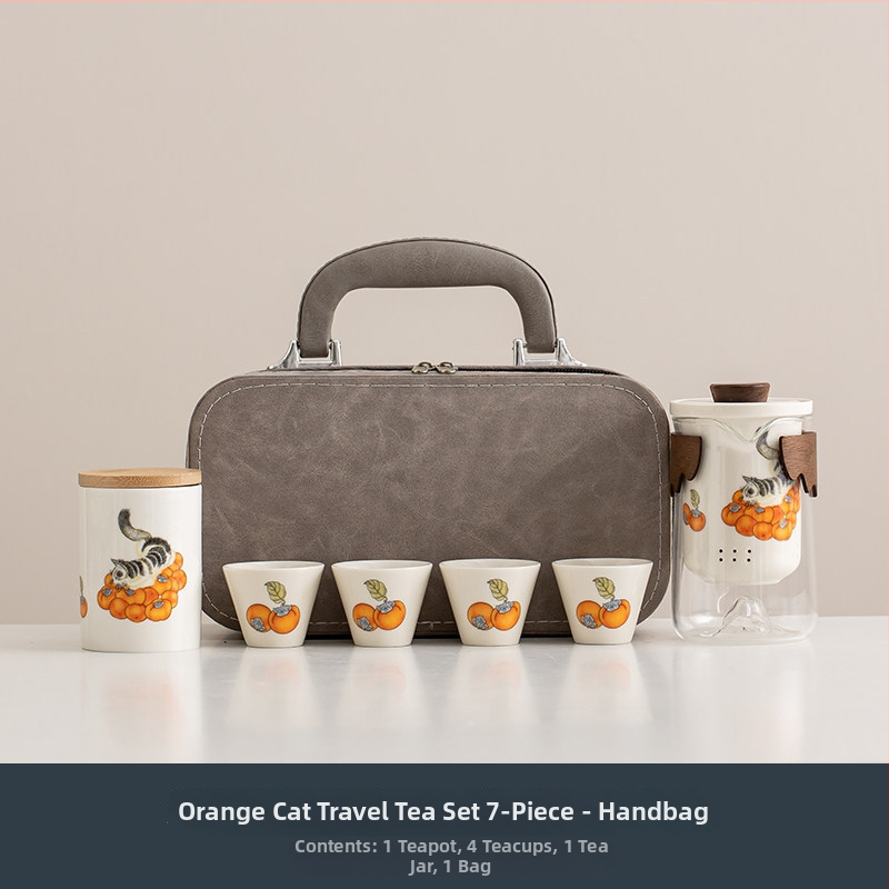 Orange Cat set de ceai pentru călătorii — ceainic ceramic și ceașcă, portabil