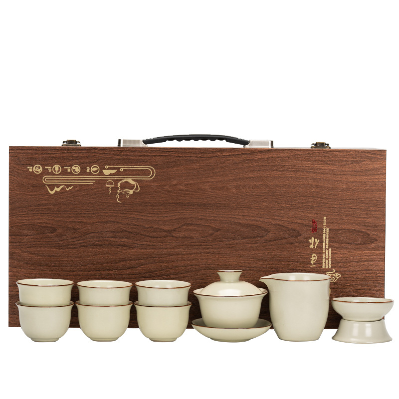 Ge Kiln set ceramic Kung Fu pentru ceai, cu ceainic și gaiwan într-o cutie cadou, logo personalizat