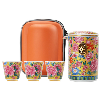 Set de ceai portabil pentru călătorii, ceainic și ceașcă din ceramică, emailat în culori, stil retro pentru camping.