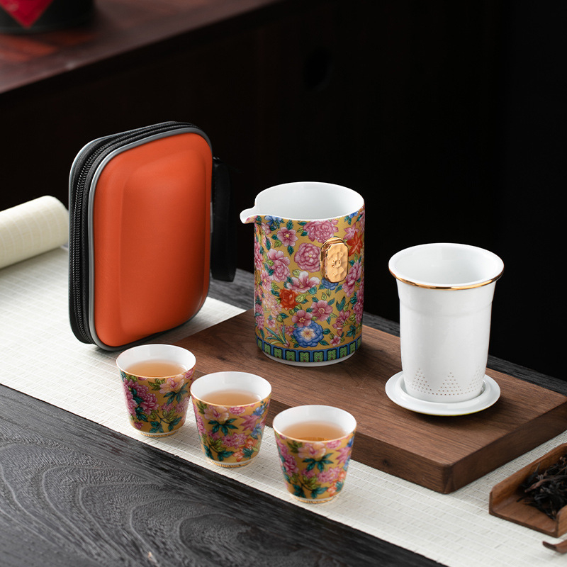 Set de ceai portabil pentru călătorii, ceainic și ceașcă din ceramică, emailat în culori, stil retro pentru camping.