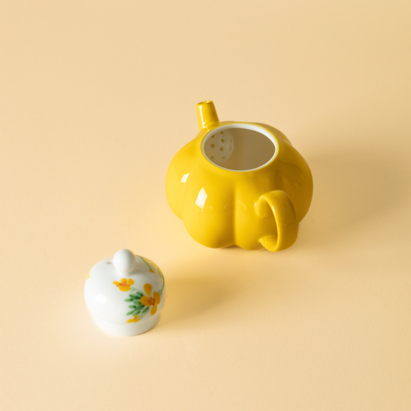 Ceainic ceramic pictat manual, cu floare de rapiță, sub glazură, set Gongfu pentru ceai, cu bilă filtrantă