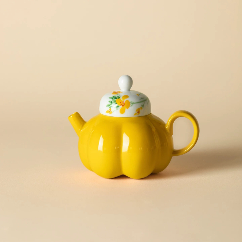 Ceainic ceramic pictat manual, cu floare de rapiță, sub glazură, set Gongfu pentru ceai, cu bilă filtrantă