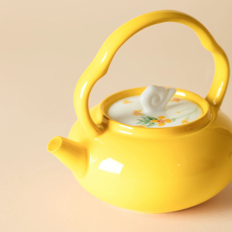 Ceainic ceramic pictat manual, cu floare de rapiță, sub glazură, set Gongfu pentru ceai, cu bilă filtrantă
