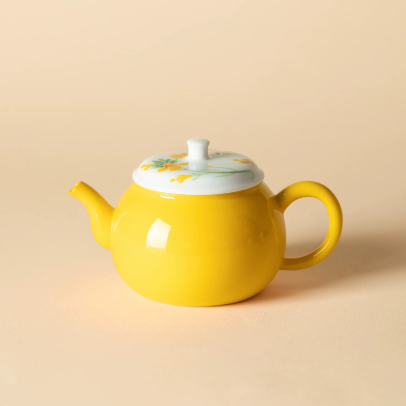 Ceainic ceramic pictat manual, cu floare de rapiță, sub glazură, set Gongfu pentru ceai, cu bilă filtrantă