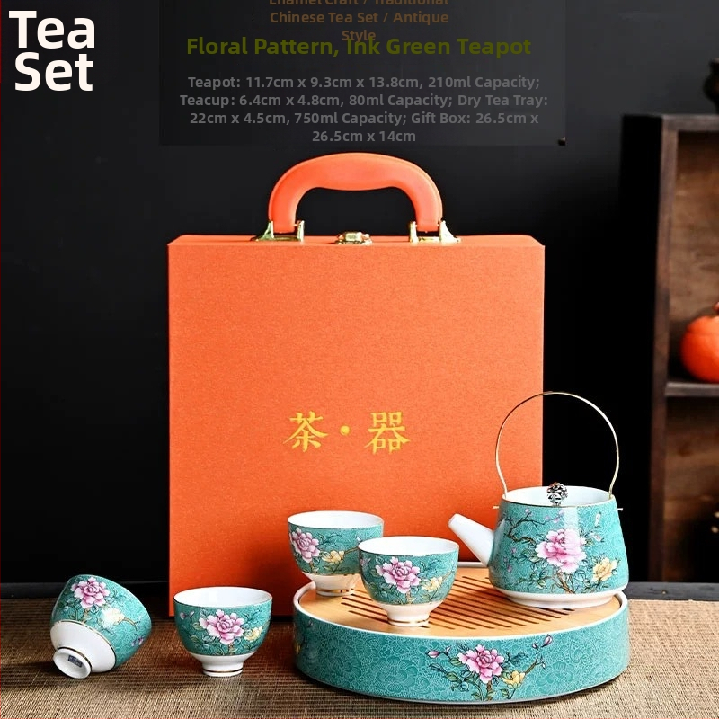 Ceainic din porțelan emailat în nuanțe pastel cu motiv floral – set Gongfu premium pentru uz casnic, cu cești