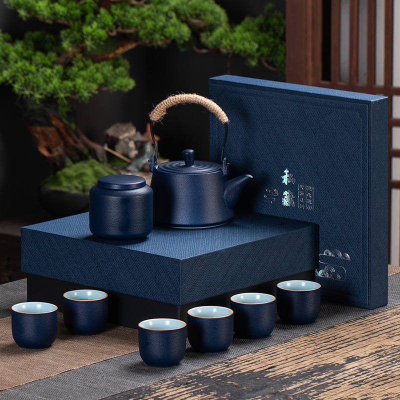 Set Kung Fu de ceai din ceramică rustică, ceainic cu mâner, cești pentru ceai și recipient pentru ceai într-o cutie cadou