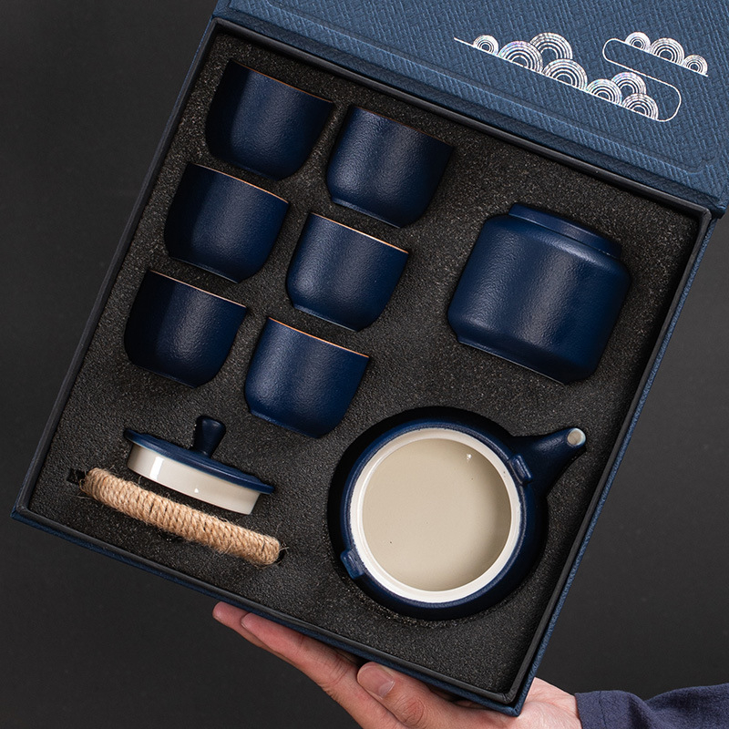 Set Kung Fu de ceai din ceramică rustică, ceainic cu mâner, cești pentru ceai și recipient pentru ceai într-o cutie cadou