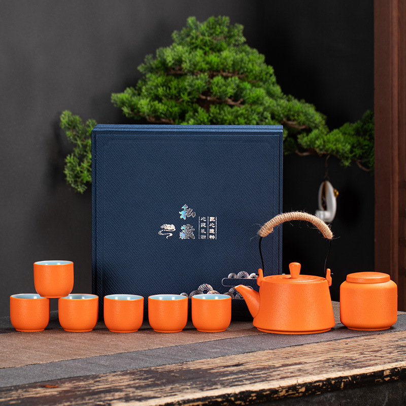Set Kung Fu de ceai din ceramică rustică, ceainic cu mâner, cești pentru ceai și recipient pentru ceai într-o cutie cadou