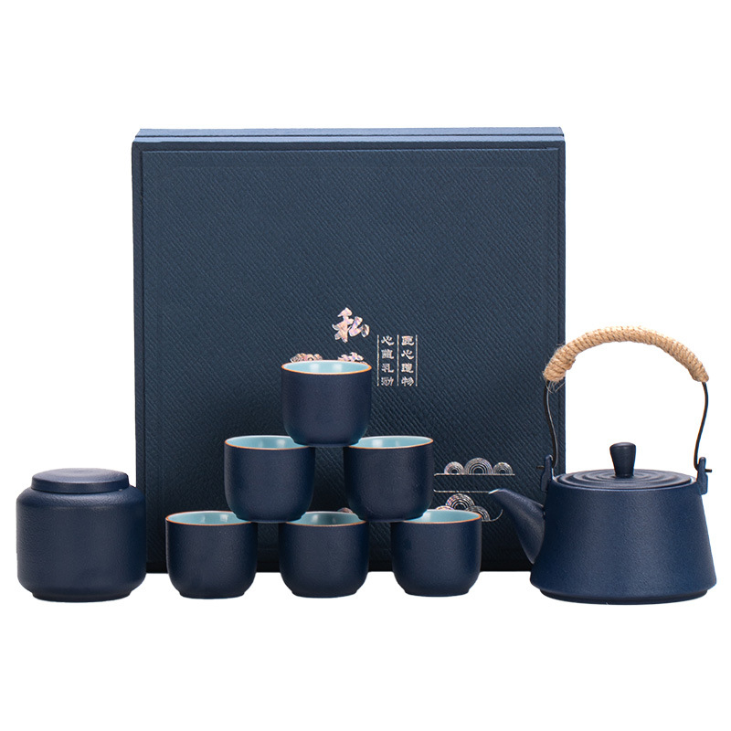 Set Kung Fu de ceai din ceramică rustică, ceainic cu mâner, cești pentru ceai și recipient pentru ceai într-o cutie cadou