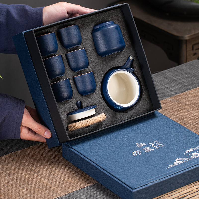 Set Kung Fu de ceai din ceramică rustică, ceainic cu mâner, cești pentru ceai și recipient pentru ceai într-o cutie cadou