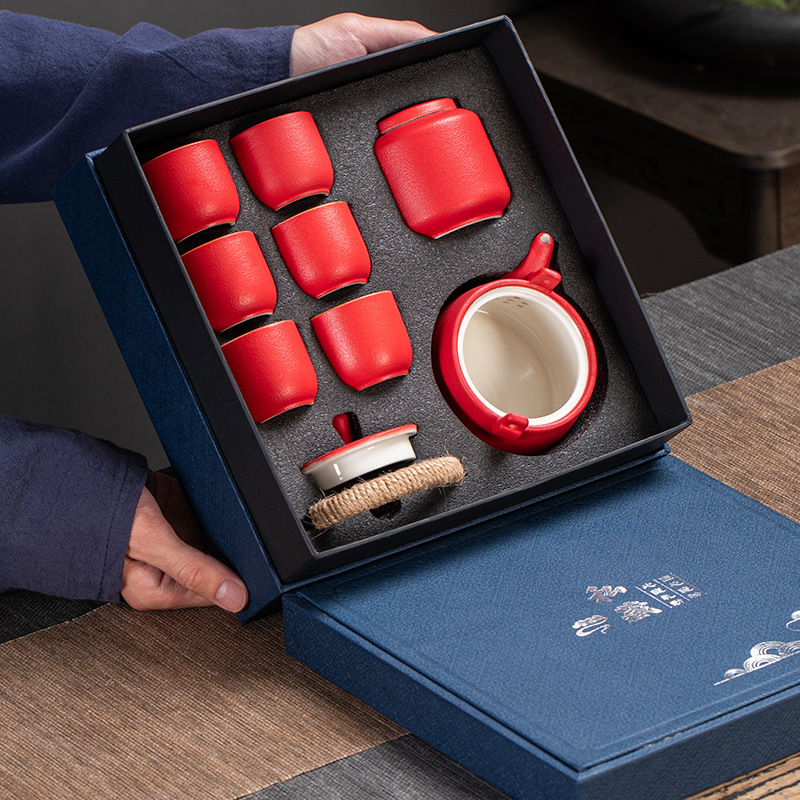 Set Kung Fu de ceai din ceramică rustică, ceainic cu mâner, cești pentru ceai și recipient pentru ceai într-o cutie cadou
