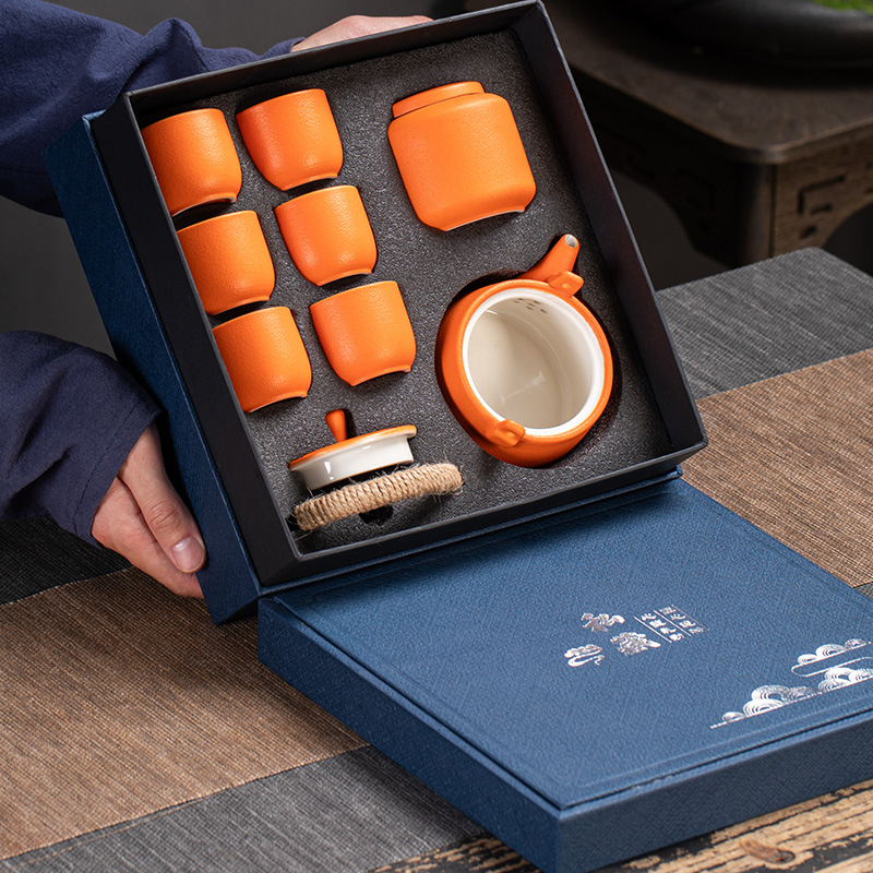 Set Kung Fu de ceai din ceramică rustică, ceainic cu mâner, cești pentru ceai și recipient pentru ceai într-o cutie cadou