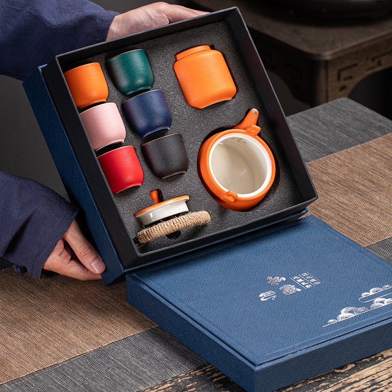 Set Kung Fu de ceai din ceramică rustică, ceainic cu mâner, cești pentru ceai și recipient pentru ceai într-o cutie cadou