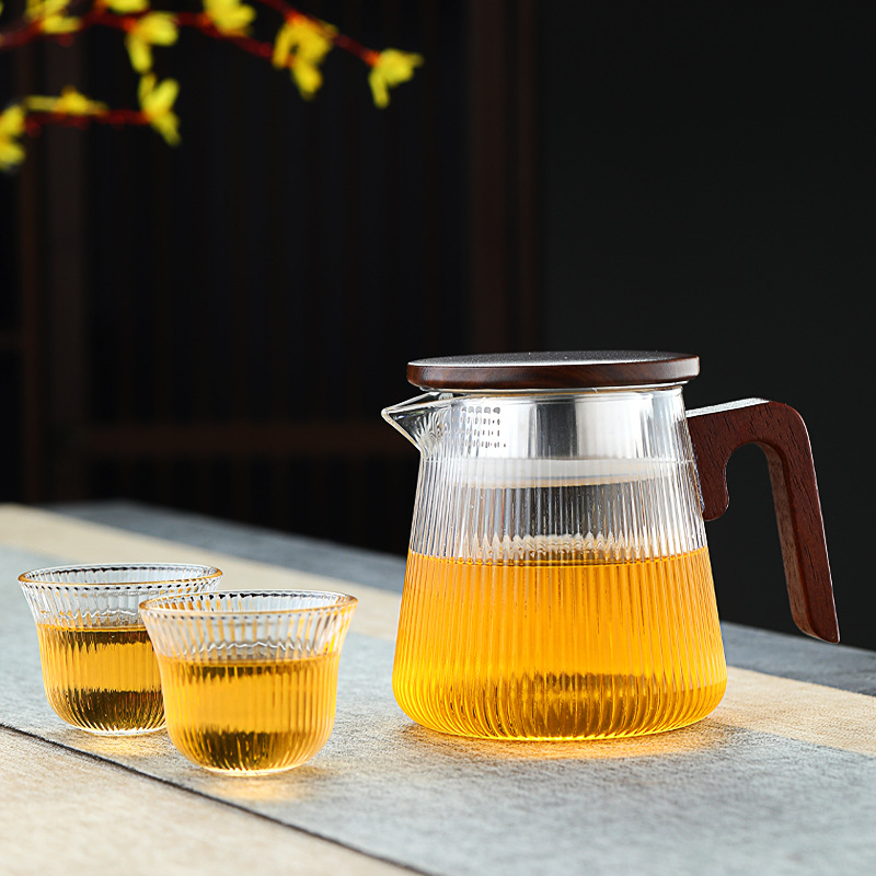 Ceainic din sticlă borosilicată rezistentă la căldură, mânere din lemn de nuc, stil chinezesc modern, set de ceai pentru birou, ceai verde și ceai de flori