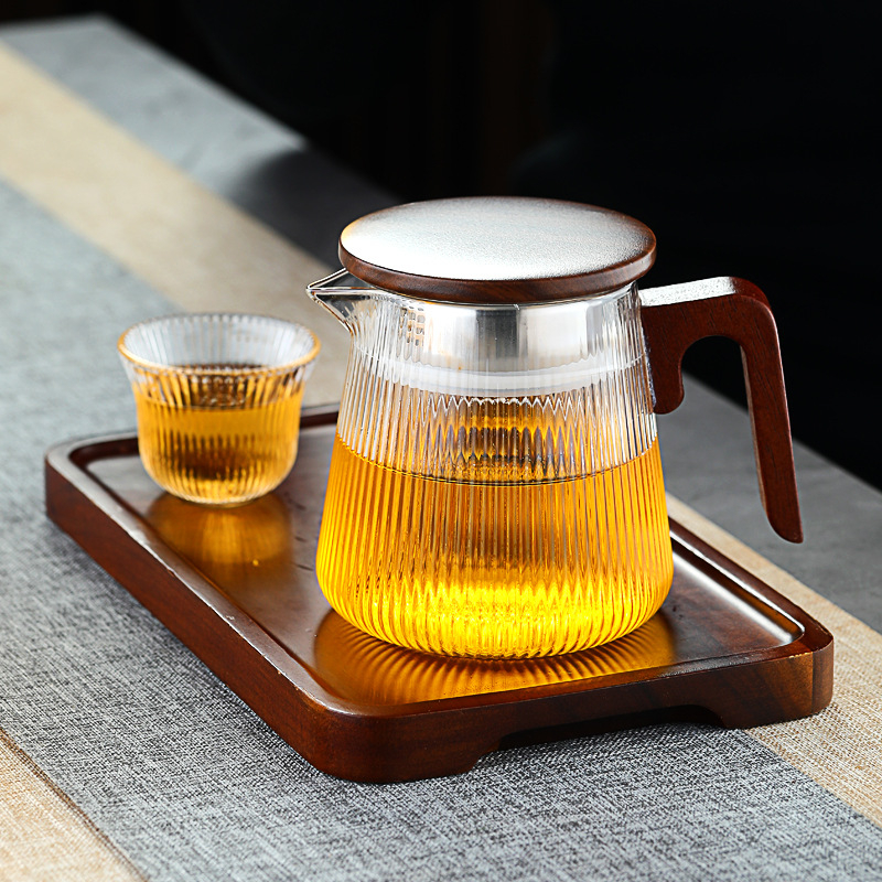 Ceainic din sticlă borosilicată rezistentă la căldură, mânere din lemn de nuc, stil chinezesc modern, set de ceai pentru birou, ceai verde și ceai de flori