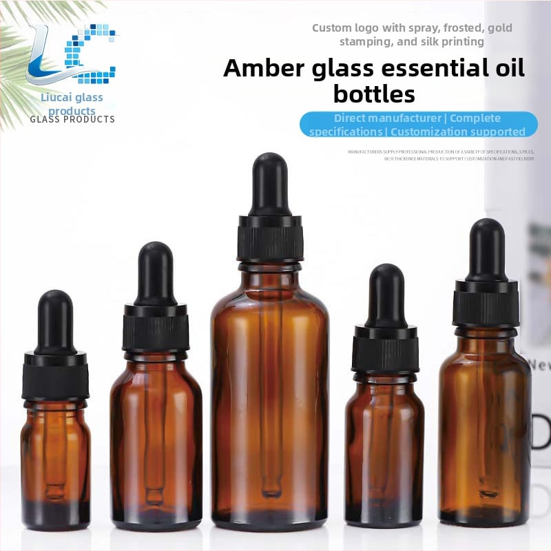 Set ambrové sklenené fľaše: 5 ml fľaše na éterické oleje, 10 ml kvapkacie fľaše, 30 ml fľaše na doplnenie parfumu, 50 ml prázdne fľaše na sérum