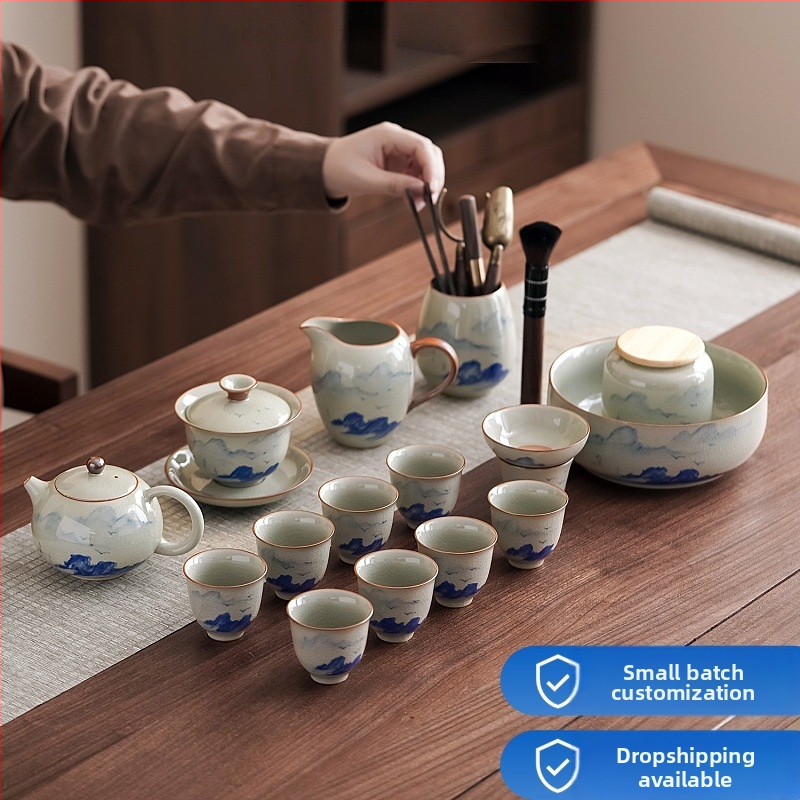 Set de ceai Kung Fu chinezesc pictat manual pentru uz casnic — ceainic ceramic de lux și cești, cutie cadou complet