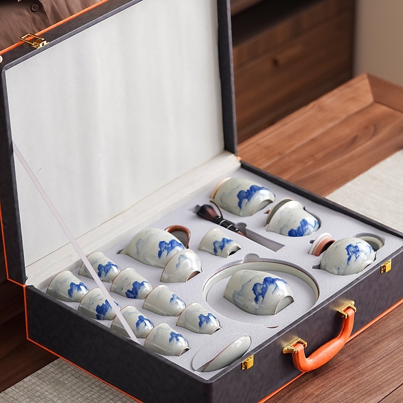 Set de ceai Kung Fu chinezesc pictat manual pentru uz casnic — ceainic ceramic de lux și cești, cutie cadou complet