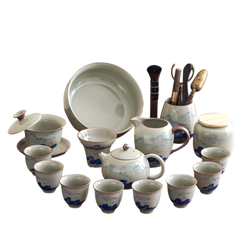 Set de ceai Kung Fu chinezesc pictat manual pentru uz casnic — ceainic ceramic de lux și cești, cutie cadou complet