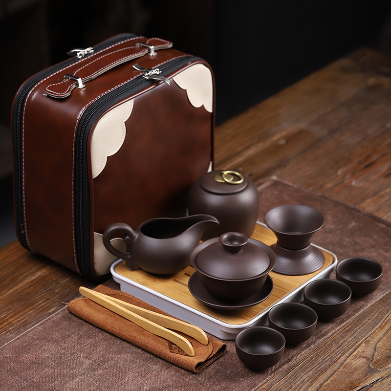 Set de ceai din lut mov-violet, în stil japonez, cu ceainic, tavă Zen și geantă de călătorie