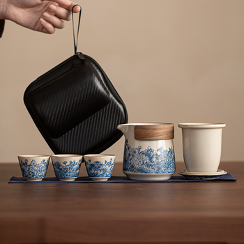Set ceai de voiaj bej Ru Kiln: o oală, trei cești, infuzor de ceai portabil pentru exterior cu filtru, geantă de călătorie.