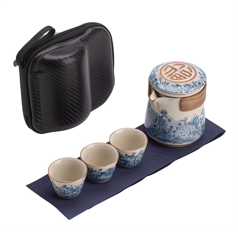 Set ceai de voiaj bej Ru Kiln: o oală, trei cești, infuzor de ceai portabil pentru exterior cu filtru, geantă de călătorie.