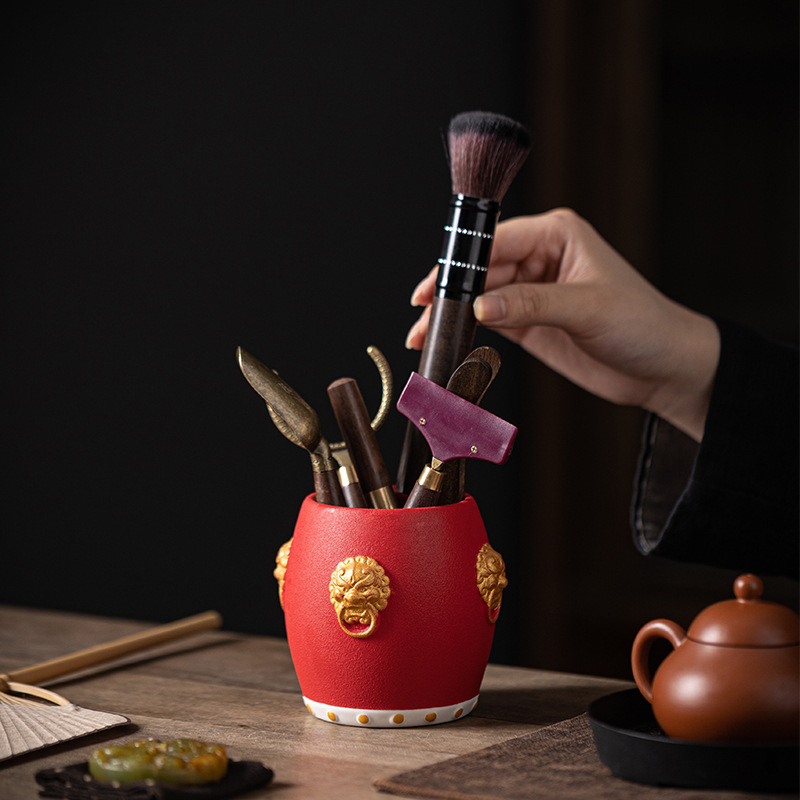 Set de ceremonii ceaiului cu tambur roșu creativ – Șase Domni ai Ceremoniei Ceaiului: recipiente pentru ceai, borcan de ceai cu capac și scrumieră