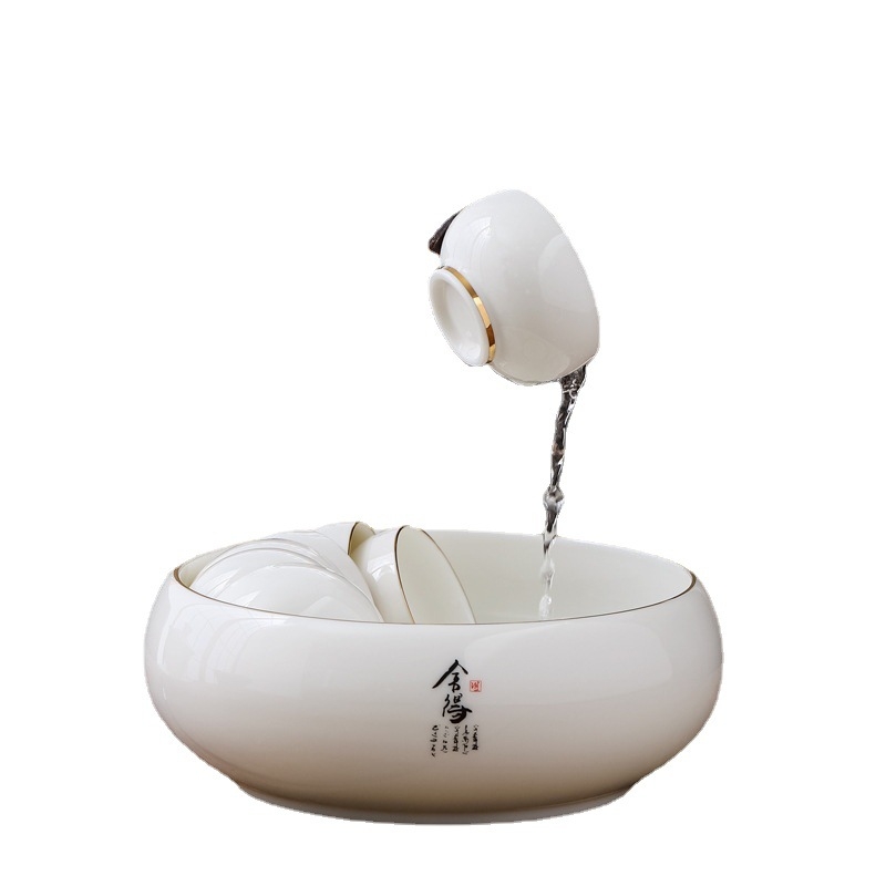 Set din porțelan ivoire alb pentru spălarea ceaiului: bazin mare pentru spălat căni, bol de apă, găleată pentru resturi de ceai și scrumieră – accesorii pentru ceremonia Kung Fu a ceaiului